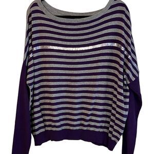 A.N.A. Purple Lightweight Striped Purple Gray Sequins Sweater Large